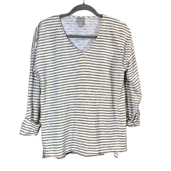 Chico’s Gold Sparkle Striped V-Neck Top Size XS - Picture 1 of 8